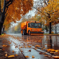 Street sweeper cleaning fallen autumn leaves on a rainy day