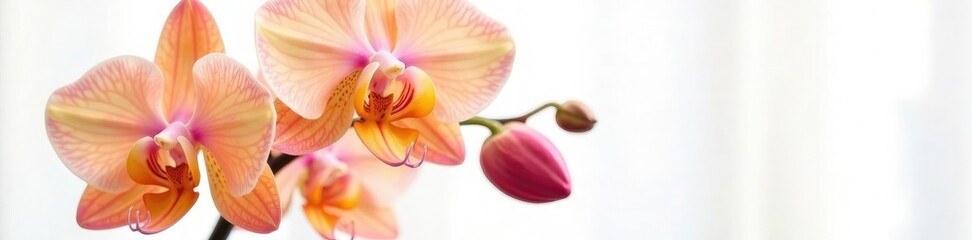 Exotic orchid flower in bright pink and yellow hues on white, , bloom