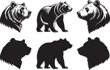 Bear and bear head silhouette vector illustration on white background