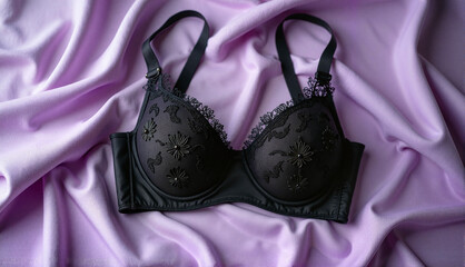 Elegant black lace bra beautifully arranged on soft purple satin fabric