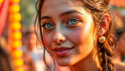 Portrait of a young woman being sprinkled with colored powder at the Indian Holi Festival of Colors