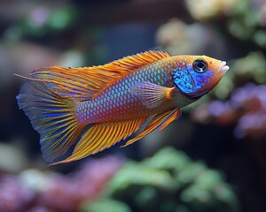 Obraz premium Captivating Tropical Fish Swimming Gracefully in Vibrant Aquarium with Iridescent Fins