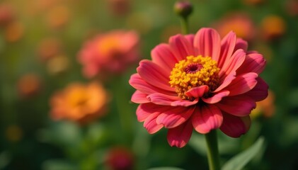 Colorful Zinnia flower with green leaves and buds, garden, plant, flowers