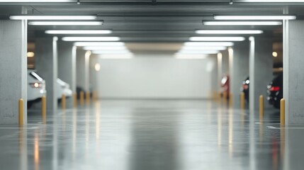 Obraz premium Illuminated underground parking area with polished concrete floor, minimal vehicles highlighting clean architectural design and spacious interior atmosphere
