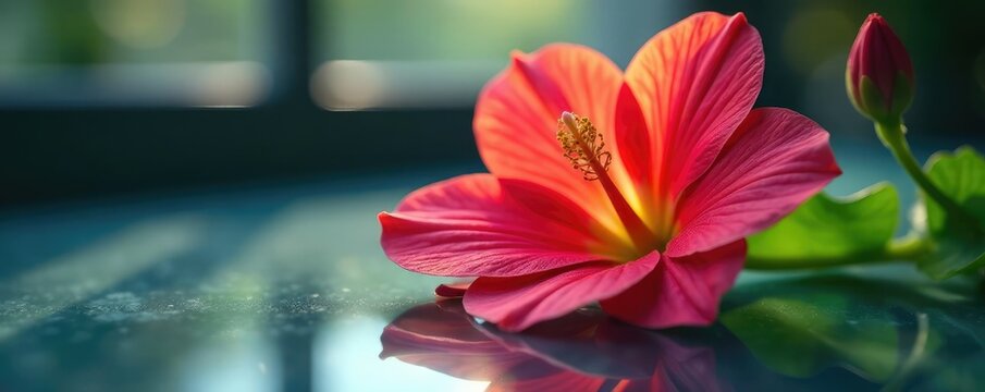 Butea monosperma flower with subtle reflections on a glass surface, flower, shine