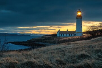 Lighthouse guiding ships at dusk along the coastline with dramatic sky colors