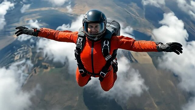 Skydiving Adventure: A thrill-seeker soars through the air, arms outstretched, against a breathtaking backdrop of clouds and distant landscape.