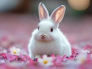 Obraz premium Fluffy White Rabbit Sitting on Lavender Petals for Elegant Pet Portrait