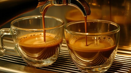 Freshly Brewed Espresso Flowing into Clear Glass Cups