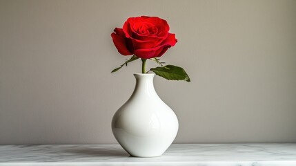 Fototapeta premium Single Red Rose in a White Vase, Elegant Still Life Photography