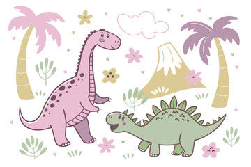 Cute cartoon dinosaurs, colorful prehistoric creatures, hand-drawn style, childlike doodles, playful illustration, pastel colors, purple pterodactyl, pink brachiosaurus, green stegosaurus, erupting vo