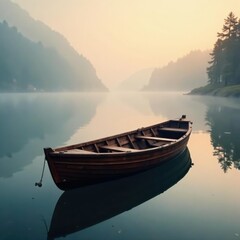 An empty wooden boat rests quietly on the dock in the early morning mist, mist, solitude, stillness