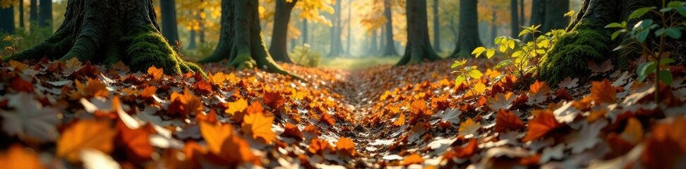 A forest floor covered in a thick layer of fallen leaves, leaf litter, forest ambiance