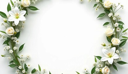 Fototapeta premium circular wedding flower frame on white background. Copy space, background for wedding invitation. Generate AI