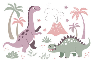 Cute cartoon dinosaurs, colorful prehistoric creatures, hand-drawn style, childlike doodles, playful illustration, pastel colors, purple pterodactyl, pink brachiosaurus, green stegosaurus, erupting vo