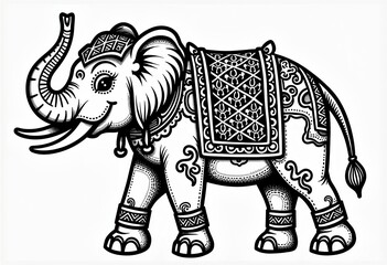 Folk Art Elephant Doodle, Coloring Page for Children, Thick Simple Lines, White Backdrop, Chinese New Year Design, Vector Illustration Style, Flat Art, Perfect Layout, Bronze Theme.

