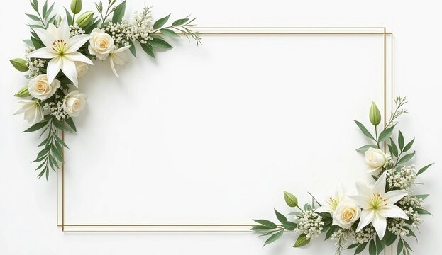 wedding flower frame on white background. Copy space, background for wedding invitation. Generate AI