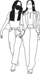 Stylized black and white illustration depicting two individuals walking side by side dressed in elegant and trendy clothing.highlights partnership,style, and confidence in a minimalist line art style.