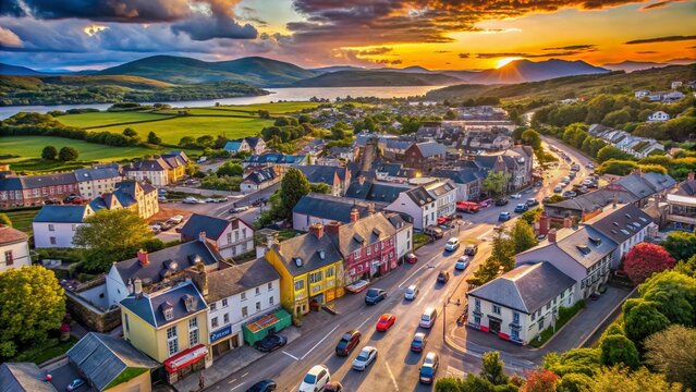 Aerial View of Kenmare, Ireland: Sunny Evening Downtown Streetscape and Bay