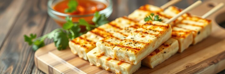 Grilled cheese skewers on a wooden board or cutting board with a bowl of sweet and sour sauce in the background, drink, skewers