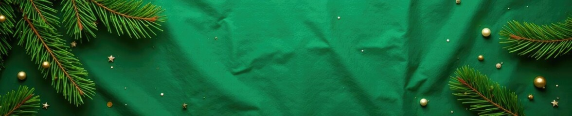 Fototapeta premium Green linen cloth with scattered fir branches and golden accents, festive atmosphere, fir branches, simple decor