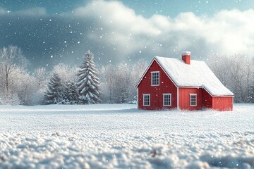 Beautiful winter landscape with a red house surrounded by snow and tall trees