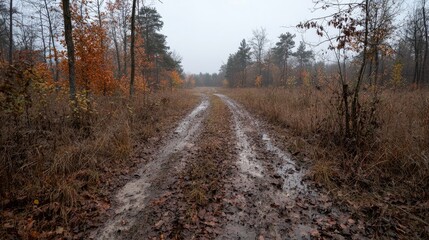Autumnal forest road, muddy track, misty day, fall foliage background; nature photography
