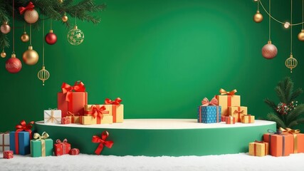 Green background Christmas podium stand with colorful gifts and ornaments, , festive ornaments, holiday decorations
