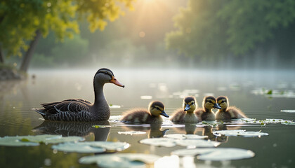 Fototapeta premium Mother duck swimming with her ducklings in a misty pond at sunrise