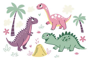 Cute cartoon dinosaurs, colorful prehistoric creatures, hand-drawn style, childlike doodles, playful illustration, pastel colors, purple pterodactyl, pink brachiosaurus, green stegosaurus, erupting vo