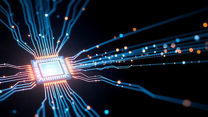 A Futuristic Microchip with High-Speed Data Transfer &ndash; Glowing Circuitry & Technology Illustration