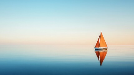 A serene sailboat with an orange sail gliding across calm waters at sunrise.