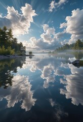 Obraz premium Small ripple in a lake with mirrored image of the sky and puffy white clouds, natural beauty, clouds