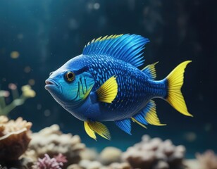 Small bright blue fish with yellow fins and blue spots , tropical fish, coral reef