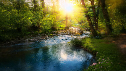 Obraz premium Magical Forest Stream at Golden Sunset