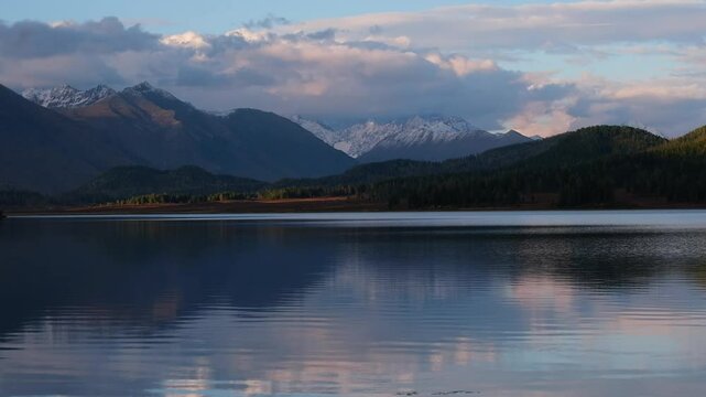 Evening landscape with reflection with Lake Yazevoe or Karakol in Katon - Karagai park Altai mountain autumn in Kazakhstan