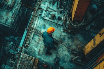 Construction worker inspects industrial site from elevated perspective at dawn