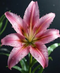 Fototapeta premium Gorgeous pink lily with glistening water droplets, flora, pastel, summer