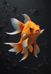 Sleek orange Ryukin Goldfish floating alone on a dark background, showcasing its vibrant scales, calm water, peaceful aquatic scene