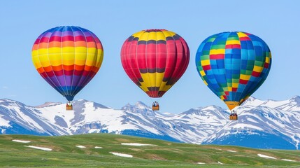 Naklejka premium Colorful hot air balloons flying over snow-capped mountains in daytime