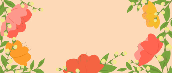 Happy Easter. Frame of spring flowers and green twigs. Modern design style on pink background