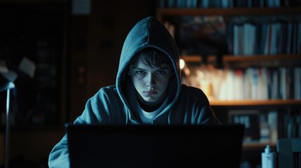 Teenage hacker in a hoodie intensely focused on a laptop, exploring dark web for cyber crime and hacking activities in a dimly lit room.