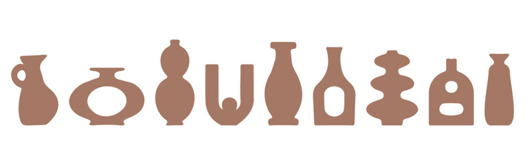 Set of abstract vase silhouettes in brown. Various modern, geometric pottery designs. Cozy home decor handmade boho