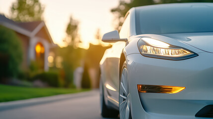 A clean electric car is parked beside a simple curb along a quiet suburban roadway. Bright midday light enhances the neutral tones of the surroundings, creating a calm atmosphere