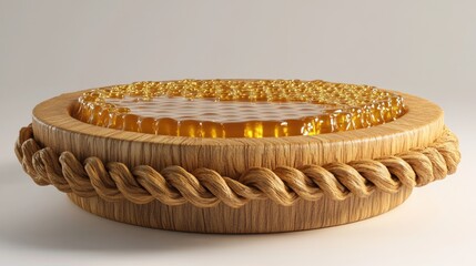 Honey Dripping from Ropes and Honeycomb Arranged on a Round Rustic Wooden Plate