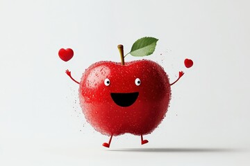 This vibrant red apple character, complete with arms and heart symbols, embodies joy and playfulness, showcasing a whimsical and cheerful aesthetic perfect for children's content.