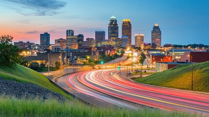 Kansas City Skyline at Dusk: Cityscape, Highway, and Vibrant Colors