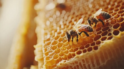 Close up of Beehive Frame with Honeycomb Bees and Natural Honey Products in an Organic Apiary Setting