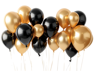 Gold and black colored balloons isolated on white or transparent png