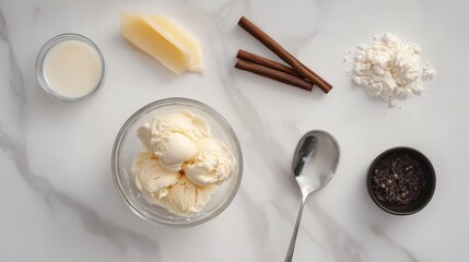 Homemade vanilla ice cream in a bowl surrounded by ingredients like butter, flour, milk, and cinnamon on a marble countertop.